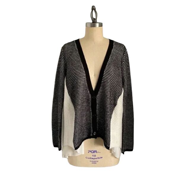 Finn & Clover Herringbone Peak-a-boo Chiffon Draped Back Cardigan Sweater - Picture 1 of 4